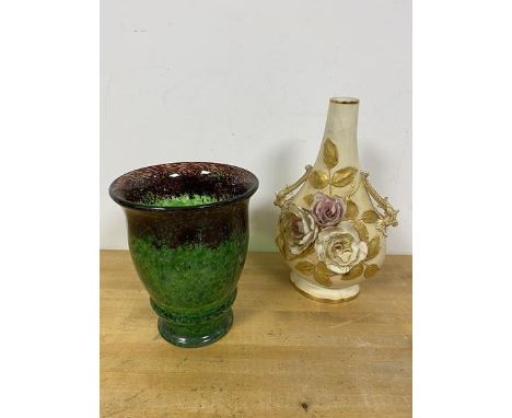 A mixed lot including a Murano style glass vase (20cm), and an early 20thc ceramic vase with rose and leaf decoration, stampe