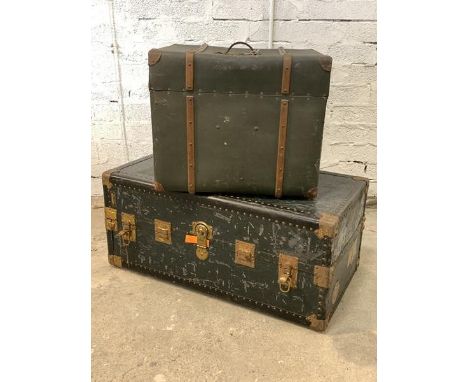 An early 20th century wooden bound steamer trunk (H50cm, W53cm, D54cm) together with a travelling steamer wardrobe (locked) (
