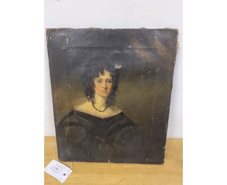 19thc School, Portrait of a Lady with Necklace, oil, unframed (33cm x 28cm)