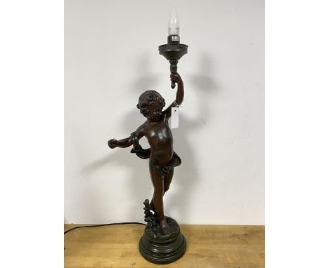 A modern table lamp, the body in the form of a Child holding the lampholder, lacking some digits, on base (75cm to top of lam
