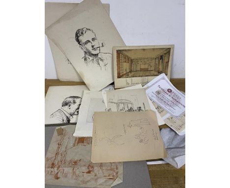 A folio of assorted sketches, including a set of four pen and ink drawings by Francois d'Albignac, 1903-1958, with certificat