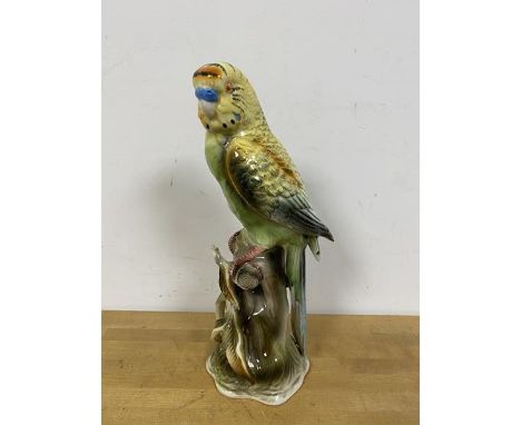 A ceramic figure of a Parakeet on Branch, base inscribed Bird collection by JSC, Parakeet 137