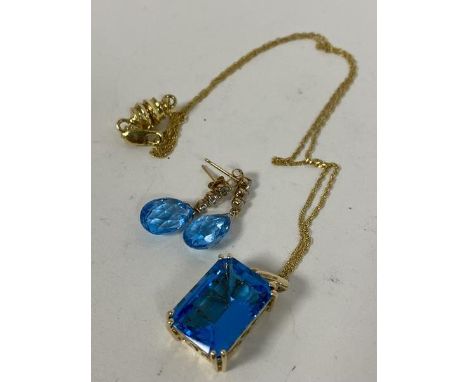 &nbsp;A gold-plated on silver trace link chain with blue stone pendant, mount marked 585 14k (26cm) and two 9ct gold drop ear