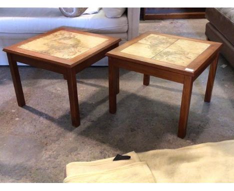 Mobelfabrike Toften - A Pair of Danish vintage mid century teak lamp tables, the tile tops raised on square moulded supports,