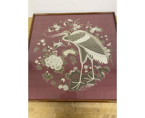 A Chinese embroidered textile panel depicting a Heron and Butterfly amongst Foliage (45cm x 45cm)