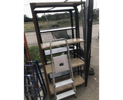 Two assembled metal shelves and two step ladders, COLLECT ONLY.