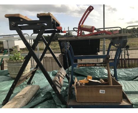 Two Black and Decker workmates and a box of hand tools, COLLECT ONLY.