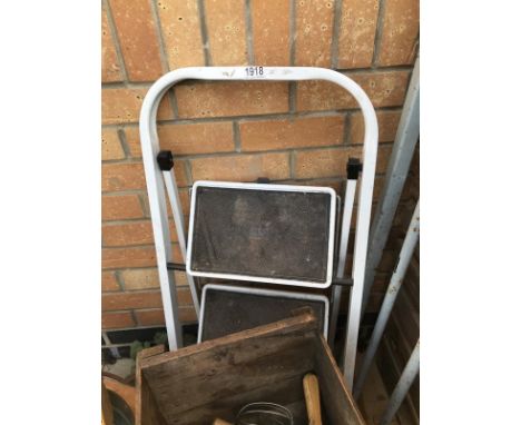 A barred gate, steps, brass jam pan and boxes, COLLECT ONLY.