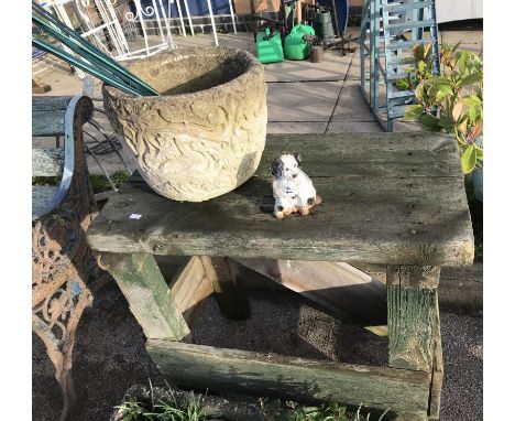 An outside wood table and a planter. COLLECT ONLY