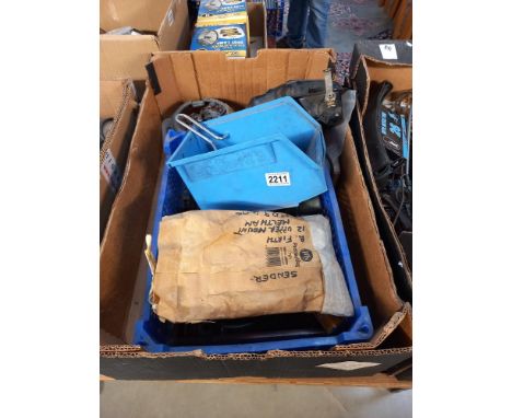 A large box of Villiers small engine carburettors etc including Cyclemaster fuel tank COLLECT ONLY