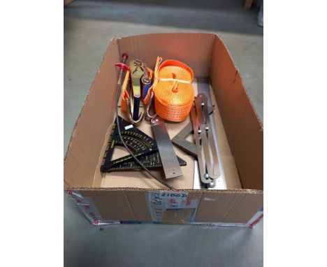 A selection of set squares &amp; a 5 ton ratchet strap