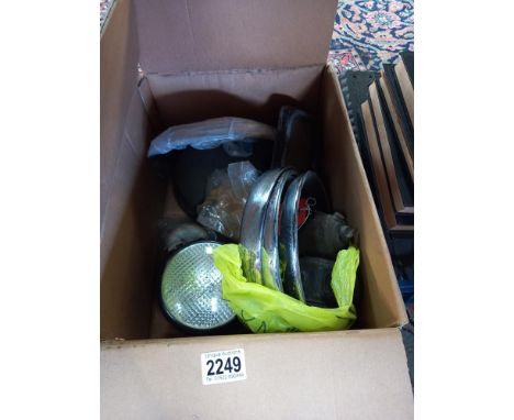 A box of miscellaneous classic car lights, headlamp bezels &amp; vintage carbide cycle lamps etc. COLLECT ONLY