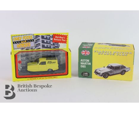 Del-Boy's Reliant Regal Supervan III, 1:43 scale, boxed together with a James Bond Aston Martin DB5 1:43 scale model car boxe