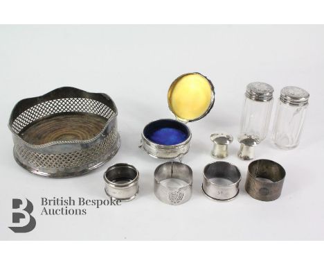 Miscellaneous silver, including a silver bottle coaster London hallmark dated 1963 mm A Chick &amp; Sons, trinket box Birming