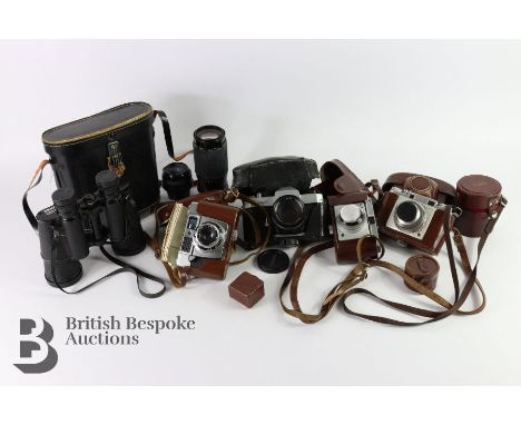 Collection of vintage cameras, including an Agfa with Agfa Colour Optima I8 lens 1:2.8/45, Ilford Sportsman with Vario lens, 