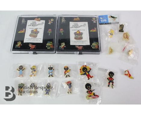 Collection of vintage pin badges, including two The Magic Roundabout charity lapel pins and boxes, 11 x Golly doll badges inc