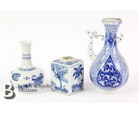 Chinese blue and white items, including one square vase painted with figures (af), Chinese blue and white vase 14 cms h, and 