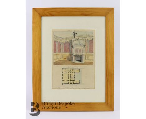Five prints, including three architectural hand-coloured prints entitled "Maison, Rue De Berry, Paris", "Theatre de Noyon" an