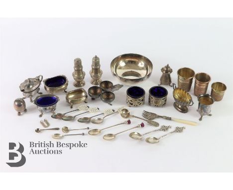Miscellaneous silver, including a salt and pepper London hallmark dated 1929; two silver mustards (blue liner) Birmingham hal