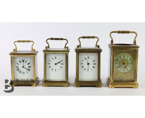 Four carriage clocks, including a brass carriage clock stamped RA, having a white face with Roman dial complete with key appr