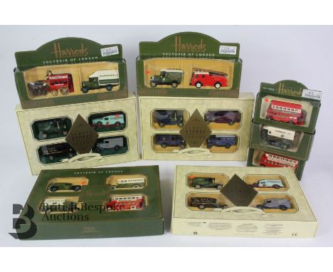 Harrods souvenir of London diecast vehicles, including HR3002 fire-engine and truck (boxed), Exclusive Edition four vehicle b
