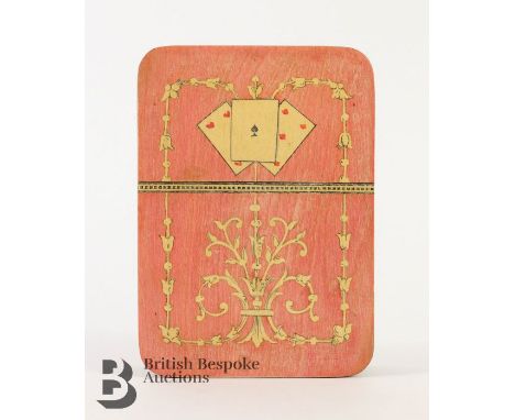 Playing card box, the box having decorative inlay in the Tunbrdige manner, contains a pack of playing cards, approx 12 x 9 cm