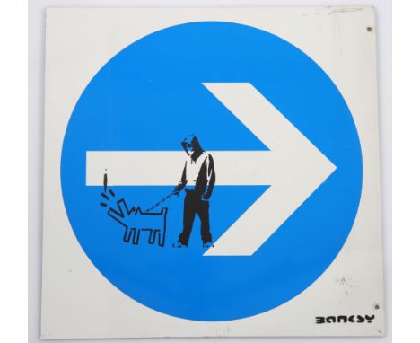  BANKSY (after) - Barking Dog Spray paint &amp; stencil on metal traffic sign - Stenciled "Banksy". Circa 2000 - Period: Xxth