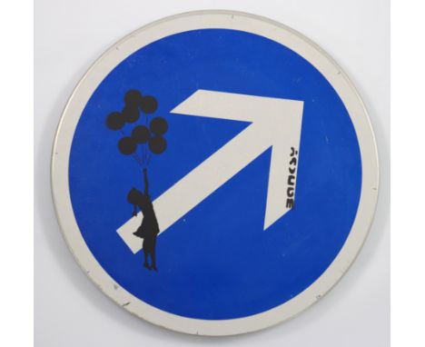  BANKSY (after) - Flying Balloon Girl Permission Spray paint &amp; stencil on metal traffic sign - Stenciled "Banksy". Circa 