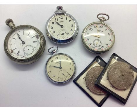 Two Modern Sekonda Pocketwatches, a Smiths stopwatch (lacking perspex/glass), together with a larger Pocketwatch (damages), c