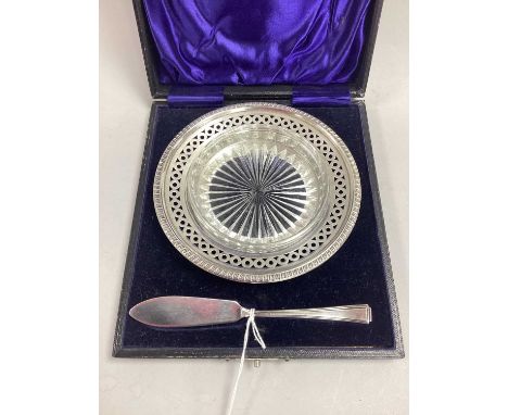 A Hallmarked Silver Mounted Butter Dish, Deakin &amp; Francis, Birmingham 1913, of circular form with pierced design and bead
