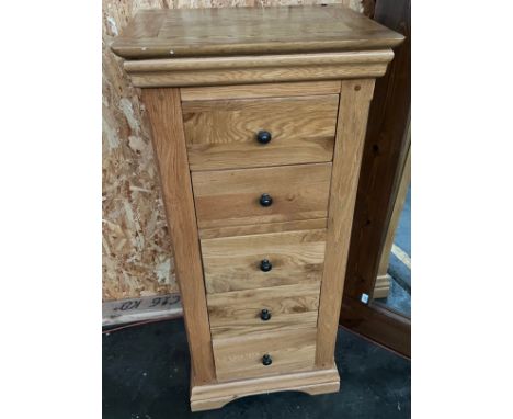 Solid light oak narrow 5 drawer chest of drawers 