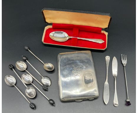 A Selection of silver marked items to include Birmingham cigarette case, Birmingham silver thistle topped pickle fork, Two Sh