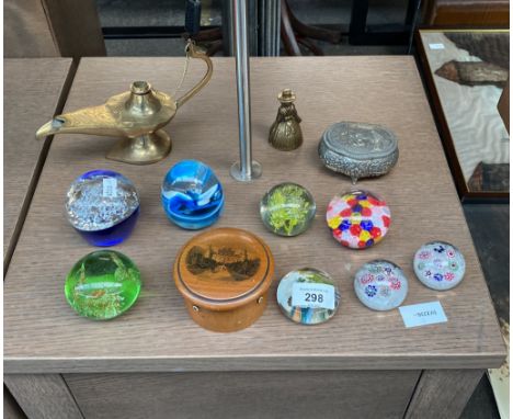 A Quantity of art glass paperweights, Mauchline ware thread box, brass genie lamp and metal trinket box etc 