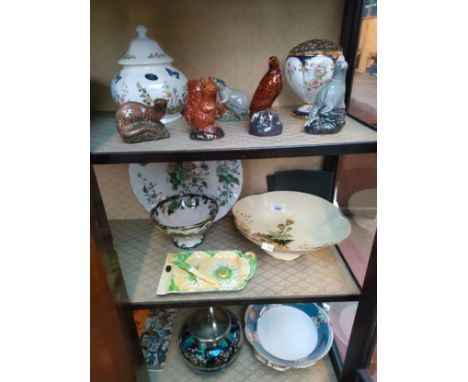 Three shelves of collectables to include Masons, Beswick, Anysley, Newport pottery biscuit barrel and Noritake dish etc 