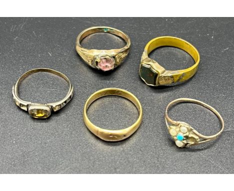 A Collection of five various antique rings. Includes gold unmarked ring- tested as 18ct-24ct, Blood stone signet ring and gol