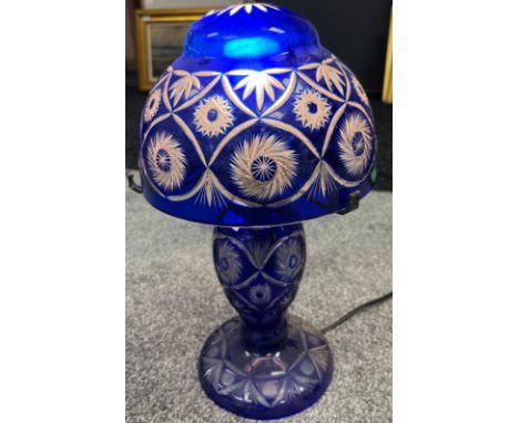 Bohemian facet cut crystal mushroom table lamp- blue overlay design. [35cm high] 