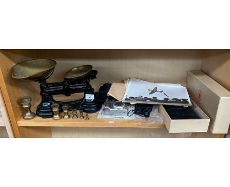 A Shelf of collectables to include Librasco kitchen scales with brass weights, Canon digital camera, binoculars, Collection o