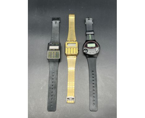 Three vintage watches, Talking quartz watch, Casio Lithium Alarm Chrono- CFS-80 Watch and Casio gold plated Alarm Chronograph