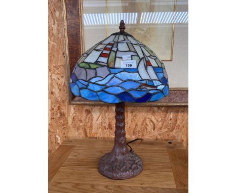 Tiffany inspired table lamp depicting sailing boats. As found 