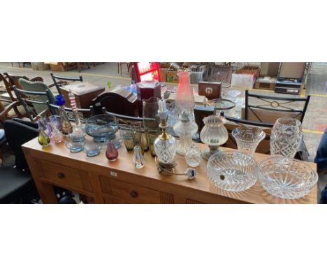 A Collection of vintage crystal and art glass. includes Kilkenny crystal lamp base, paraffin lamp, Caithness smoked lemonade 