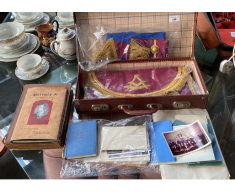 Case containing Masonic Apron, sash and documents. together with two Robert Burns Books 