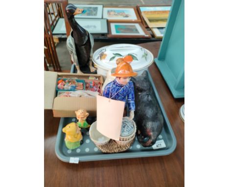 Tray of collectables to include bretby cat, Duck brush, Worcester lidded dish, Fisherman figurine, boxed miniature dolls and 