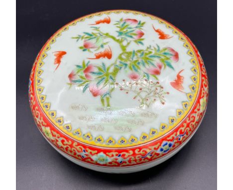 Late 19th/ Early 20th century Chinese Qianlong mark Famille Rose dish and cover. Celadon ground covered bowl, painted with ba