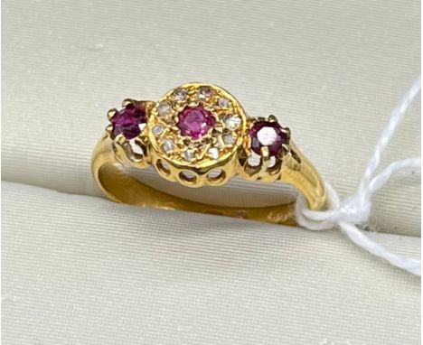 Antique/ vintage Sheffield 18ct yellow gold ladies ring set with rubies and diamond cluster. [Ring size K] [2.43Grams] 