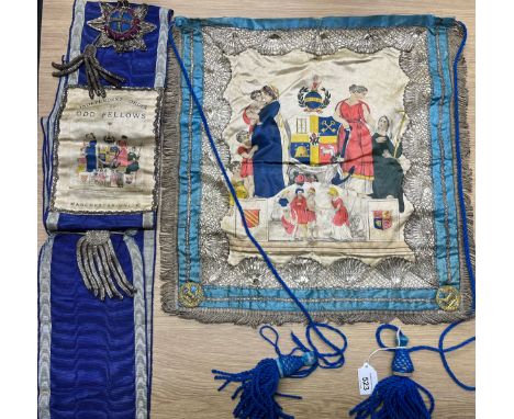 19th century Independent Order of Odd Fellows- Manchester Unity silk apron and sash. Apron has silver thread trims and blue s
