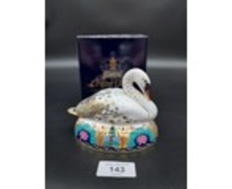 Royal Crown Derby swan paperweight, gold button, comes with original box. 