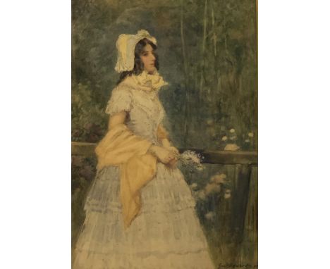 Victorian watercolour full length portrait of a lady titled 50 years ago. George H Edwards, signed & dated 1889. 55 cm x 44 c