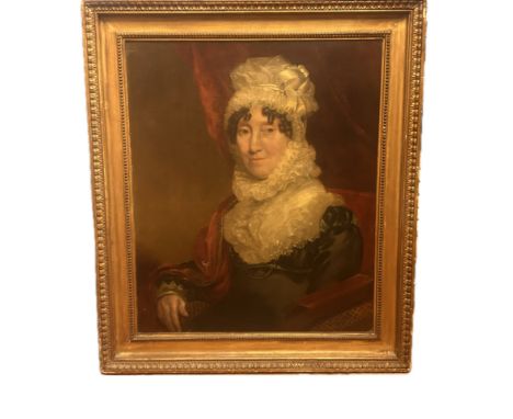 19th century English school portrait of Anne White (nee pritchard) wearing a bonnet & seated in a chair oil on canvas 74 cm x