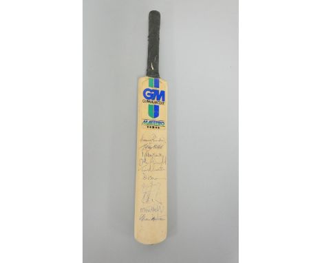 Miniature cricket bat signed by England team players, Robin Smith (England's Captain), Michael Marshall, David Gower, Andy Ro
