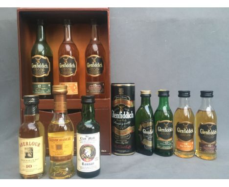 Scotch malt whisky miniatures to include a GLENFIDDICH three bottle gift set with 12 year old, 14 year old and 15 year old So